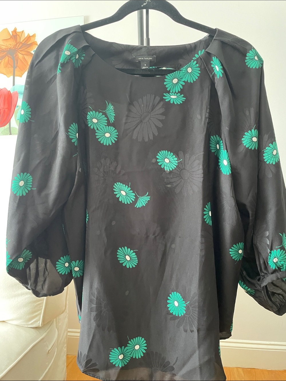 Ann Taylor Black Blouse with Teal Daisy Print and Puff Sleeves